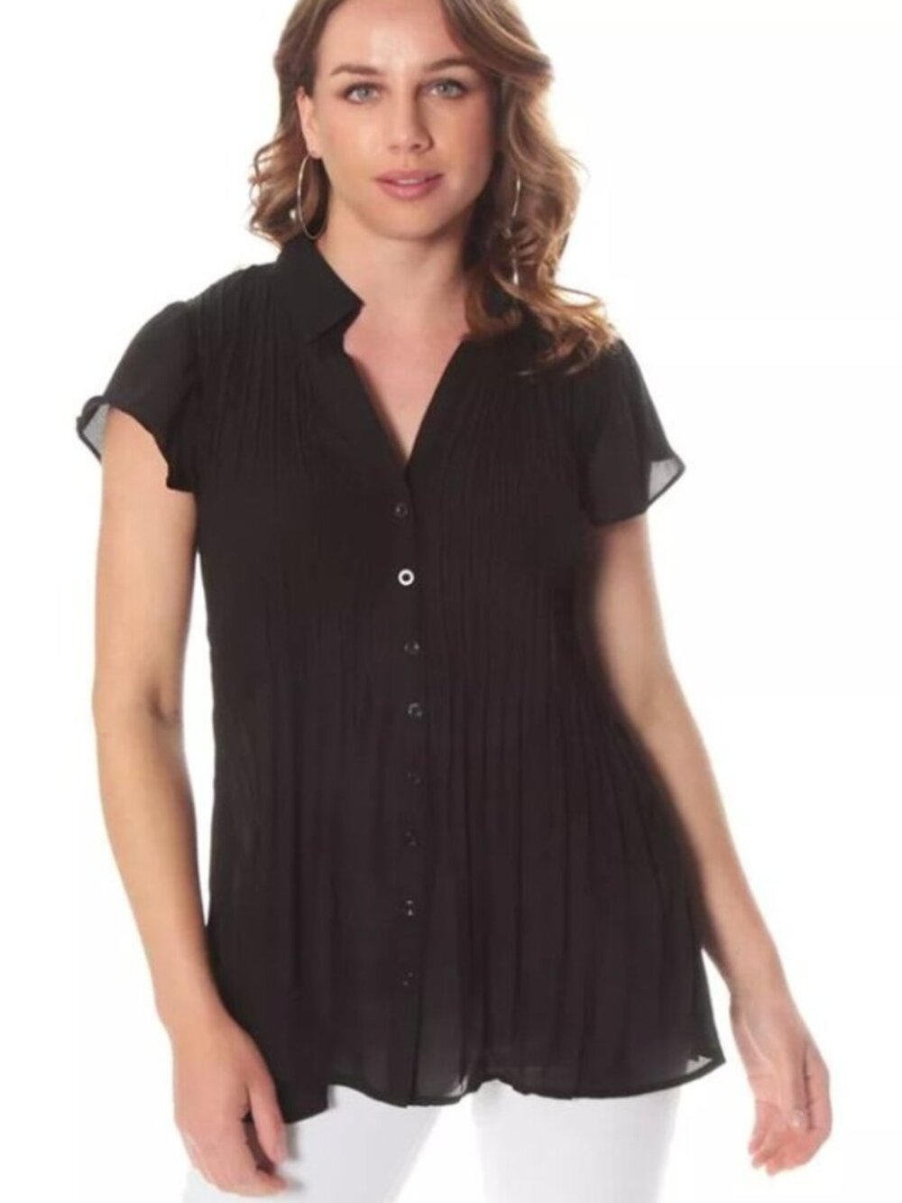 Ribbed Black Sheer Wados Bottom Down Blouse - Size: Medium